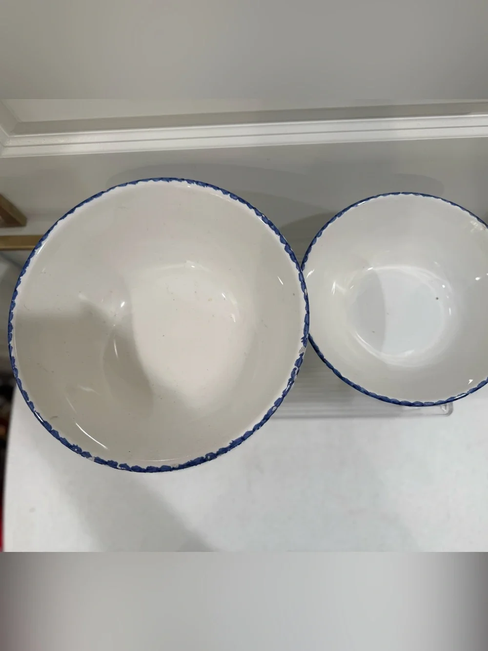 Vintage Pottery Barn Serving Bowls with Blue Speckled Rim Set ~ Made in Italy